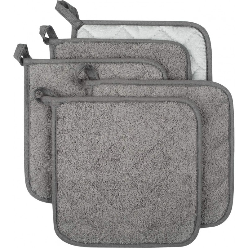 100% Cotton Kitchen Everyday Basic Terry Pot Holder Heat Resistant Coaster Potholder for Cooking and Baking Set of 5 Grey