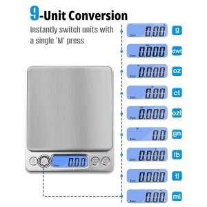 NEXT-SHINE Gram Scale 500g x 0.01g Precision, Digital Mini Pocket Size Portable Scale with Two Trays Nine Units, LCD Display Stainless Steel Platform for Weighing Jewelry Cooking Baking