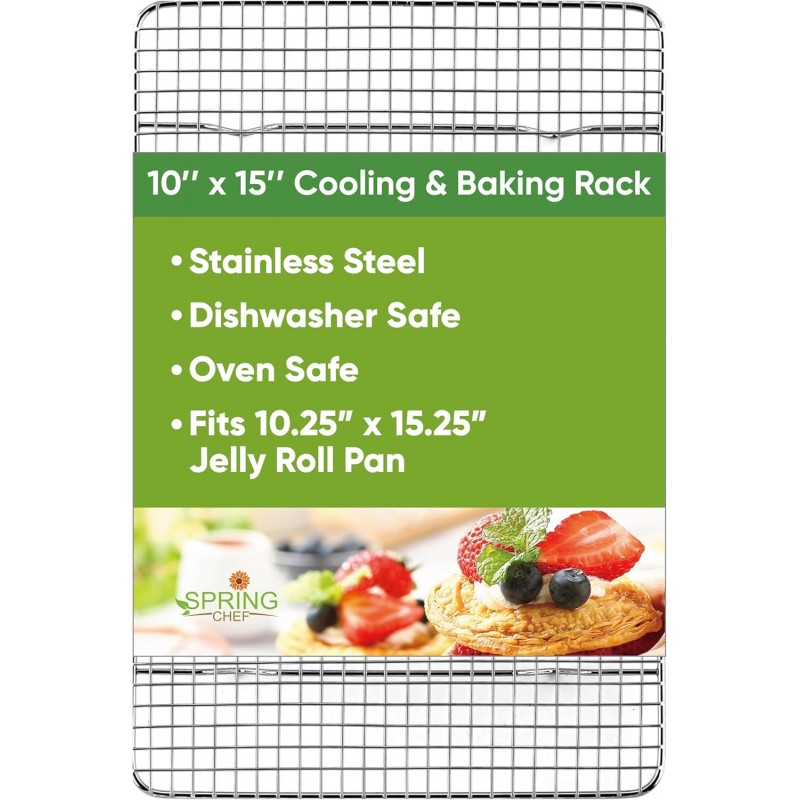 Spring Chef 10 x 15 Inch Stainless Steel Cooling Rack for Cooking & Baking - Heavy Duty Cookie Cooling Rack for Kitchen - Oven Safe - Fits Jelly Roll Pan - Dishwasher Safe