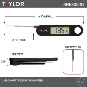 Taylor 1476 Instant Read Digital Meat Food Grill BBQ Cooking Kitchen Thermometer, Tailgating and Grilling Compact Folding Probe, Black
