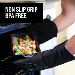BPA-Free Silicone Oven Mitts Ultra Heat Resistant up to 500°F - Oven Mitts with Thick Cotton Liner - Long Slip Resistant Pot Holders, Flexible Oven Gloves - Black 13.7