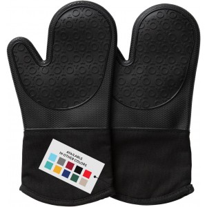 BPA-Free Silicone Oven Mitts Ultra Heat Resistant up to 500°F - Oven Mitts with Thick Cotton Liner - Long Slip Resistant Pot Holders, Flexible Oven Gloves - Black 13.7
