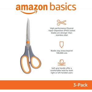 Amazon Basics Multipurpose Stainless Steel Scissors for Office, Crafts, Right/Left Handed, Comfort Grip, PVD Coated, 3-Pack, Multicolor