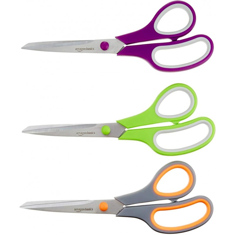 Amazon Basics Multipurpose Stainless Steel Scissors for Office, Crafts, Right/Left Handed, Comfort Grip, PVD Coated, 3-Pack, Multicolor