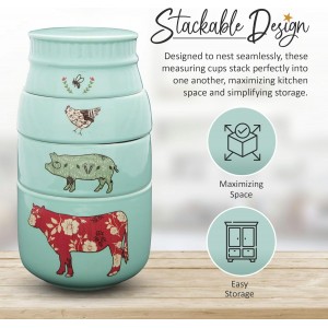 Pavilion Gift Company - 'Live Simply Bee, Chicken, Pig, and Cow' - 4-Piece Stoneware Measuring Cups Set, Sturdy Farmhouse-Style Kitchenware for Home Baking, Cooking, Gifting - Teal, 8 Ounces