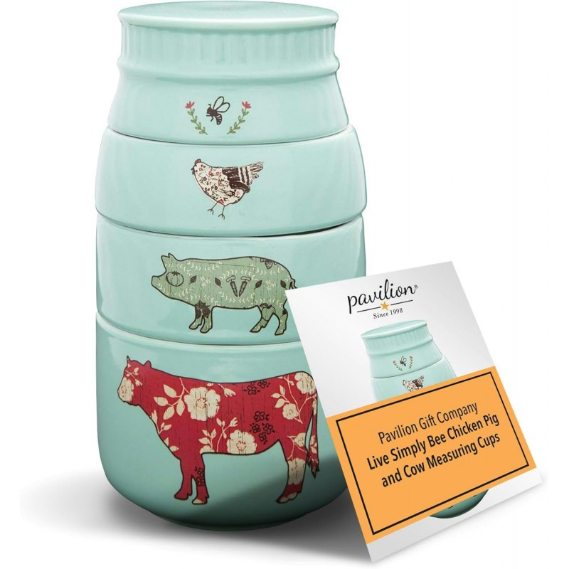 Pavilion Gift Company - 'Live Simply Bee, Chicken, Pig, and Cow' - 4-Piece Stoneware Measuring Cups Set, Sturdy Farmhouse-Style Kitchenware for Home Baking, Cooking, Gifting - Teal, 8 Ounces