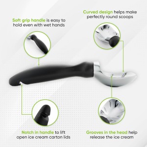 Spring Chef Heavy Duty Ice Cream Scoop with Comfortable Handle - Professional Ice Cream Scooper for Gelato, Sorbet, Cookie Dough, Melon, Frozen Yogurt - Dishwasher Safe Metal Kitchen Tool - Black