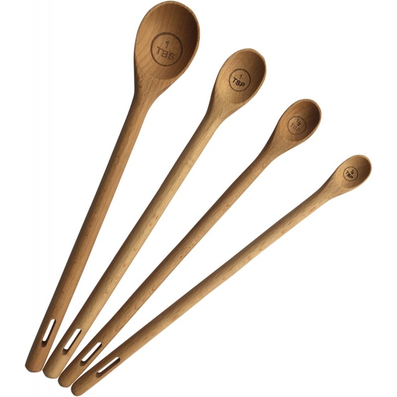 Long Handle Wooden Measuring Spoons by utensi, Set of 4 Engraved Accurate Spoons for Dry and Liquid Ingredients, Beech Wood Set (9-inch handles)