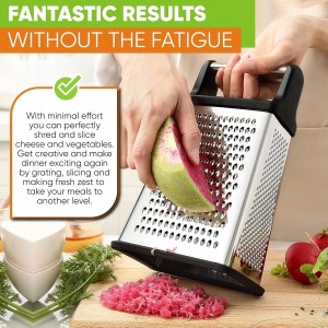 Spring Chef Professional Cheese Grater - Stainless Steel, XL Size, 4 Sides - Perfect Box Grater for Parmesan Cheese, Vegetables, Ginger - Dishwasher Safe - Black