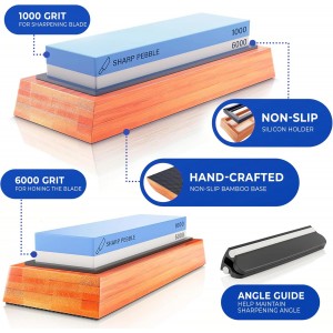 Sharp Pebble Premium Whetstone Knife Sharpening System – 1000/6000 Grit Whetstone Knife Sharpener & Honing Kit with Angle Guide & Non-Slip Bamboo Base – Guided Beginner Instructions