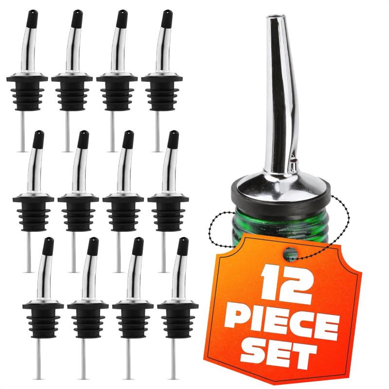 12Pcs Stainless Steel Liquor Pour Spout Covers - Leak-Resistant Alcohol Pour Spouts for Liquor Bottles, Oil Topper for Bottle with Silicone Seal Rings & Rubber Cups - Olive Oil Spouts for Bottles