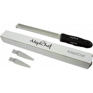 Citrus Lemon Zester & Cheese Grater by AdeptChef - Parmesan Cheese, Lemon, Ginger, Garlic, Nutmeg, Vegetables, Fruits - Very sharp Stainless Steel Blade Protective Cover, Dishwasher Safe