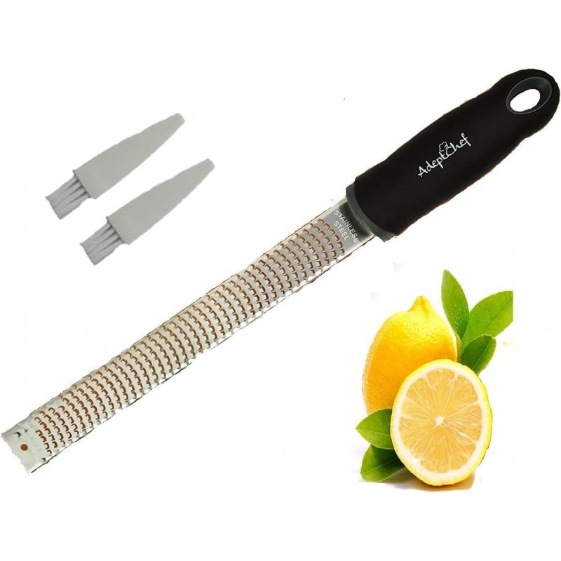 Citrus Lemon Zester & Cheese Grater by AdeptChef - Parmesan Cheese, Lemon, Ginger, Garlic, Nutmeg, Vegetables, Fruits - Very sharp Stainless Steel Blade Protective Cover, Dishwasher Safe