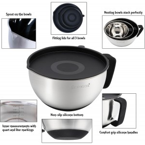 Rorence Stainless Steel Non-Slip Mixing Bowls With Pour Spout, Handle and Lid, Set of 3, Black