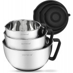 Rorence Stainless Steel Non-Slip Mixing Bowls With Pour Spout, Handle and Lid, Set of 3, Black