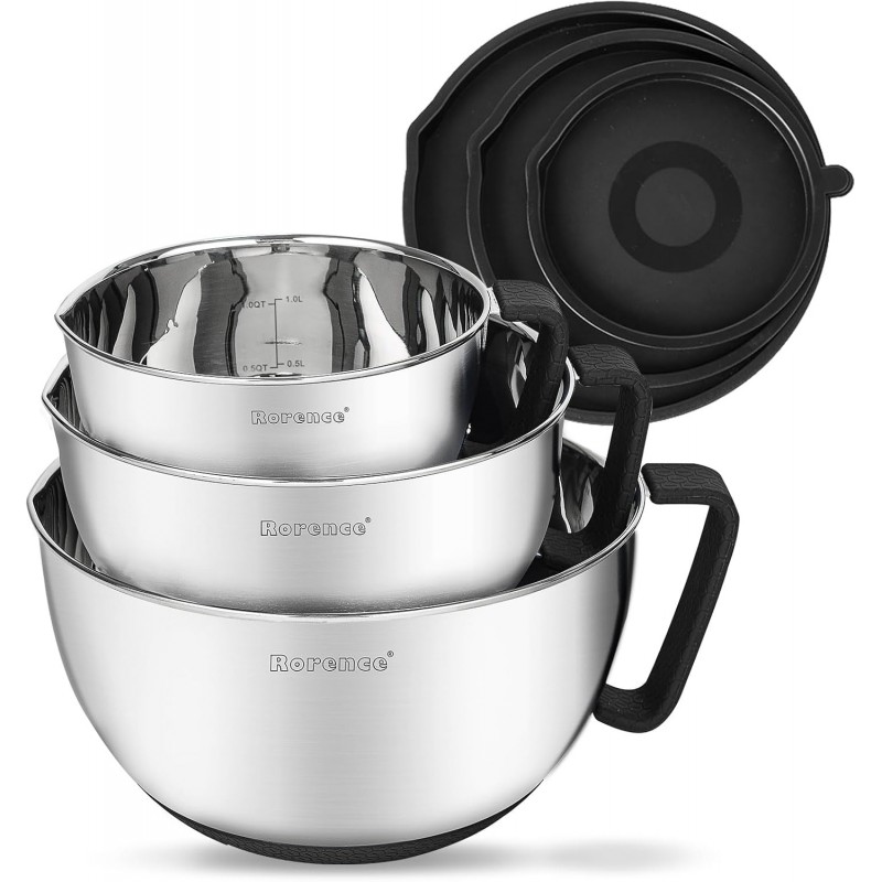 Rorence Stainless Steel Non-Slip Mixing Bowls With Pour Spout, Handle and Lid, Set of 3, Black