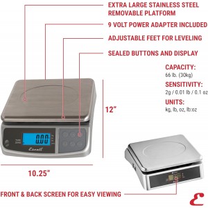 Escali M-Series NSF Certified Digital Kitchen & Industrial Scale, 66 lb Capacity, Dual Display, Spill-Proof, Stainless Steel
