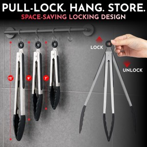 Kitchen Tongs with Silicone Tips Set of 3 Heat Resistant Tongs for Serving Food, 7-Inch, 9-Inch, 12-Inch Locking Silicone Tongs for Cooking, Salad Tong, Black Kitchen Utensils
