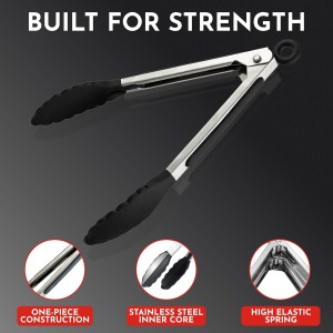 Kitchen Tongs with Silicone Tips Set of 3 Heat Resistant Tongs for Serving Food, 7-Inch, 9-Inch, 12-Inch Locking Silicone Tongs for Cooking, Salad Tong, Black Kitchen Utensils