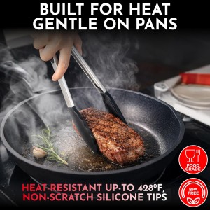 Kitchen Tongs with Silicone Tips Set of 3 Heat Resistant Tongs for Serving Food, 7-Inch, 9-Inch, 12-Inch Locking Silicone Tongs for Cooking, Salad Tong, Black Kitchen Utensils