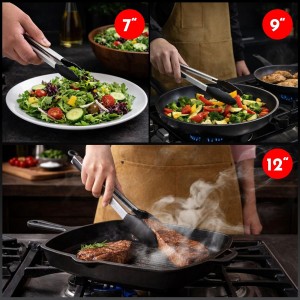 Kitchen Tongs with Silicone Tips Set of 3 Heat Resistant Tongs for Serving Food, 7-Inch, 9-Inch, 12-Inch Locking Silicone Tongs for Cooking, Salad Tong, Black Kitchen Utensils