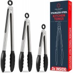 Kitchen Tongs with Silicone Tips Set of 3 Heat Resistant Tongs for Serving Food, 7-Inch, 9-Inch, 12-Inch Locking Silicone Tongs for Cooking, Salad Tong, Black Kitchen Utensils