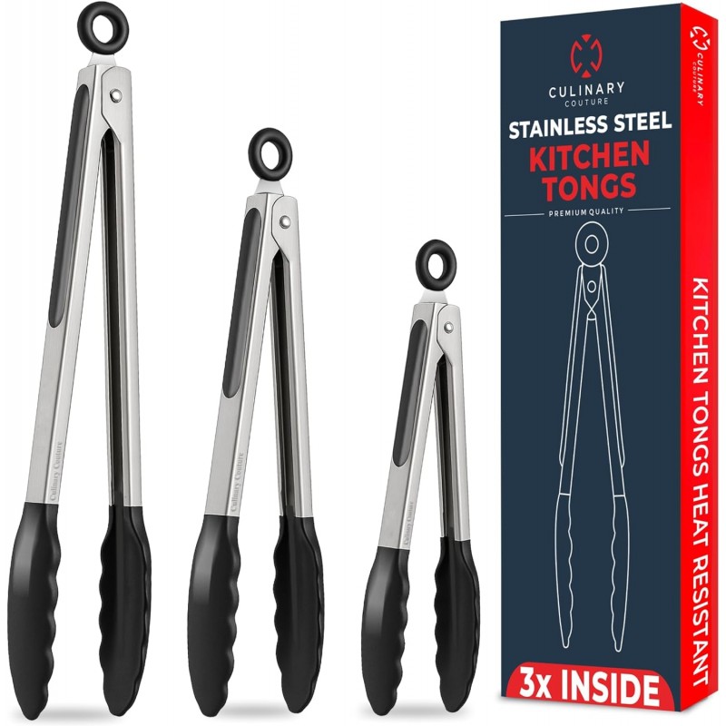 Kitchen Tongs with Silicone Tips Set of 3 Heat Resistant Tongs for Serving Food, 7-Inch, 9-Inch, 12-Inch Locking Silicone Tongs for Cooking, Salad Tong, Black Kitchen Utensils