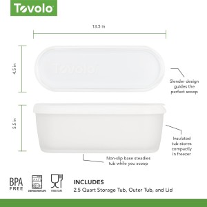 Tovolo Half Gallon Ice Cream Container for Home Made Ice Cream Glide A Scoop Ice Cream Tub for Reusable Frozen Treats, 2.5 Quart BPA Free Insulated Freezer Safe Container with Lid, White