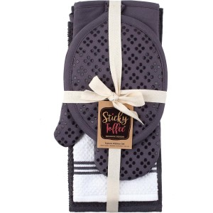 Sticky Toffee 9-Piece Kitchen Set – Gray 100% Cotton Terry Dish Towels, Dishcloths, Oven Mitts, and Pot Holders with Non-Slip Silicone Grip, Oeko-Tex Cotton