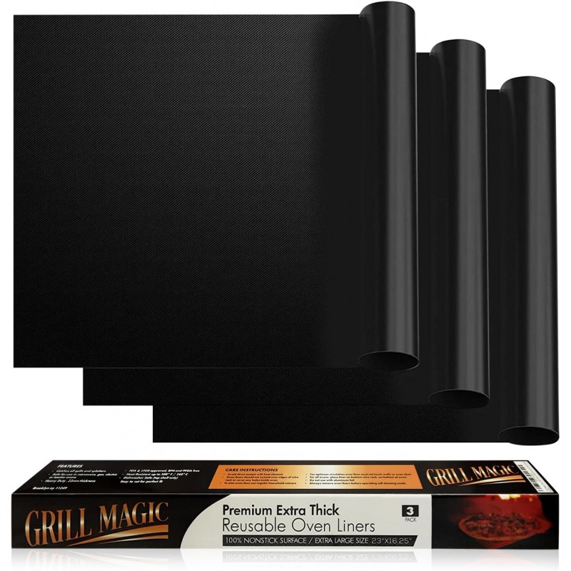 3 Pack Non-Stick Heavy Duty Oven Liners Set for Bottom of Electric Oven by Grill Magic - Thick, Heat Resistant Fiberglass Mat - Easy to Clean, Reduce Spills, Stuck Foods & Clean Up - BPA Free