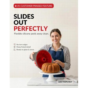 Boxiki Kitchen Premium Non-Stick Silicone Pound Cake Pan – Heavy-Duty Steel Frame, BPA & PFOA Free – Durable Fluted Cake Pan, Moldes para Gelatinas, Pasteles, Flan – No Warping, No Shape Loss