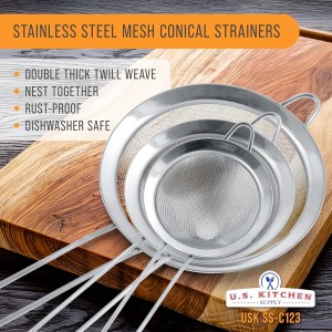 U.S. Kitchen Supply Set of 3 Stainless Steel Conical Strainers - 3