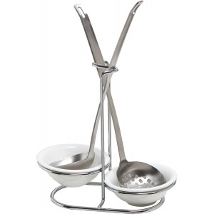 MyGift Set of 2 Ceramic Spoon Rest, Upright Ladle Holder Ceramic Dish with Silver Stainless Steel Rack