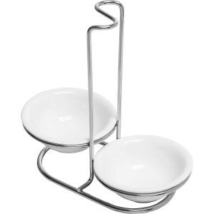 MyGift Set of 2 Ceramic Spoon Rest, Upright Ladle Holder Ceramic Dish with Silver Stainless Steel Rack