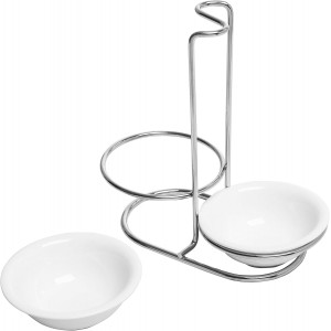 MyGift Set of 2 Ceramic Spoon Rest, Upright Ladle Holder Ceramic Dish with Silver Stainless Steel Rack