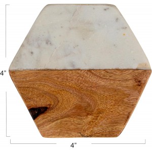 Creative Co-op Marble & Mango Wood Hexagon Coasters (Set of 4 Pieces)