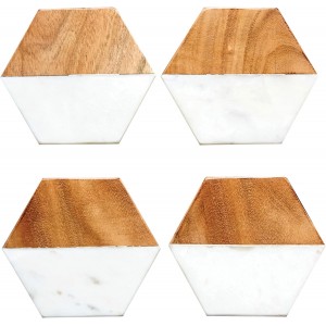 Creative Co-op Marble & Mango Wood Hexagon Coasters (Set of 4 Pieces)