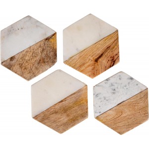 Creative Co-op Marble & Mango Wood Hexagon Coasters (Set of 4 Pieces)