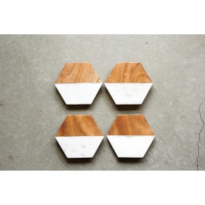 Creative Co-op Marble & Mango Wood Hexagon Coasters (Set of 4 Pieces)