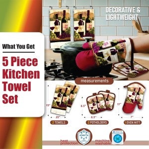 Lobyn Value Packs - Wine Lover’s Kitchen Grape & Wine Bottle Motif, 5 Piece Kitchen Towel Set with 2 Decorative Dish Towels (25 X15), 1 Oven Mitt (11 X 7) and 2 Potholders (6.5 X 6.5)
