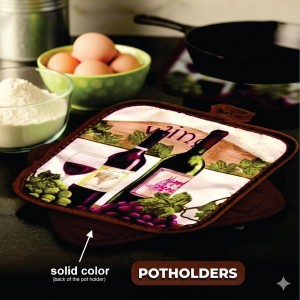 Lobyn Value Packs - Wine Lover’s Kitchen Grape & Wine Bottle Motif, 5 Piece Kitchen Towel Set with 2 Decorative Dish Towels (25 X15), 1 Oven Mitt (11 X 7) and 2 Potholders (6.5 X 6.5)