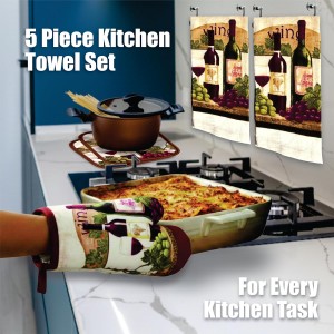 Lobyn Value Packs - Wine Lover’s Kitchen Grape & Wine Bottle Motif, 5 Piece Kitchen Towel Set with 2 Decorative Dish Towels (25 X15), 1 Oven Mitt (11 X 7) and 2 Potholders (6.5 X 6.5)