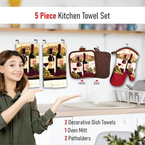 Lobyn Value Packs - Wine Lover’s Kitchen Grape & Wine Bottle Motif, 5 Piece Kitchen Towel Set with 2 Decorative Dish Towels (25 X15), 1 Oven Mitt (11 X 7) and 2 Potholders (6.5 X 6.5)