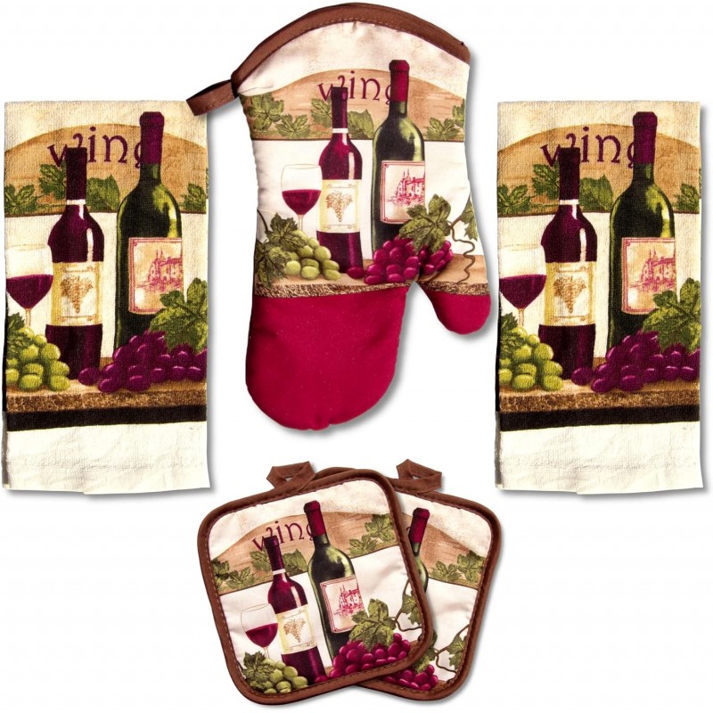 Lobyn Value Packs - Wine Lover’s Kitchen Grape & Wine Bottle Motif, 5 Piece Kitchen Towel Set with 2 Decorative Dish Towels (25 X15), 1 Oven Mitt (11 X 7) and 2 Potholders (6.5 X 6.5)