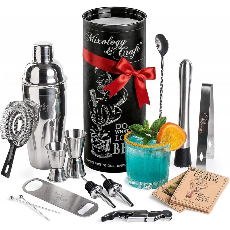 Mixology & Craft 16-Piece Stainless Steel Cocktail Shaker Set, 24 oz Cobbler Martini Shaker, Mixology Bartender Kit with Strainer, Travel Cocktail Kit in Gift-Ready Tube, Bartending Bar Kit Tools