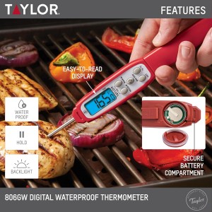 Taylor Digital Instant Read Meat Thermometer for GLP-1 High Protein Meal Prep – Waterproof Kitchen Probe for Chicken, Steak, Lean Cuts, Grill, BBQ – Fast Temperature Check, Blue Backlight Display, Red