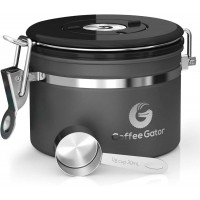 Coffee Gator Coffee Canister, 11oz Airtight Stainless Steel Kitchen Food Storage Container with Date-Tracker, CO2-Release Valve and Scoop for Beans, Grounds, Sugar, Cookies Jars, Tea, Cereal - Gray