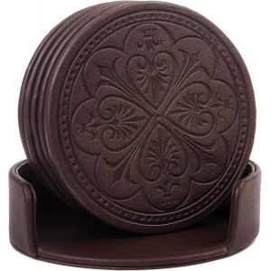 Drink Coasters,PU Leather Bar Beer Beverage Coaster for Drinks Set of 6 with Holder Coasters for Wooden Table Coffee Table Absorbent, Easy Clean Cup Coaster Easter Housewarming Gifts