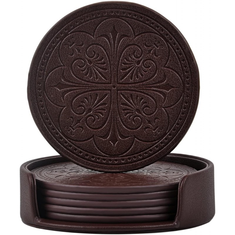 Drink Coasters,PU Leather Bar Beer Beverage Coaster for Drinks Set of 6 with Holder Coasters for Wooden Table Coffee Table Absorbent, Easy Clean Cup Coaster Easter Housewarming Gifts