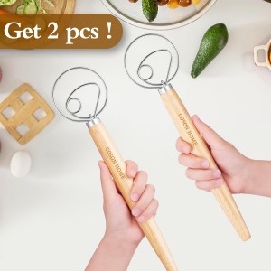 Pack of 2 Danish Dough Whisk, Kitchen Baking Flour Mixing Tool for Sourdough, Bread, Flour Paste, Butter, Pancake, Pizza, Cake, Pastry, Biscuits, Wooden Handle Stainless Steel Ring